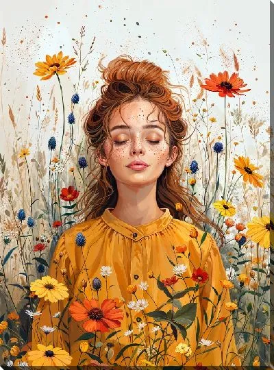 Картина маслом Девушка на летнем поле с цветами №5