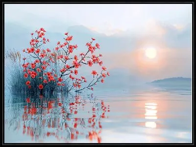 Красные цветки на фоне озера и заката