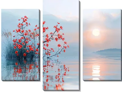 Красные цветки на фоне озера и заката