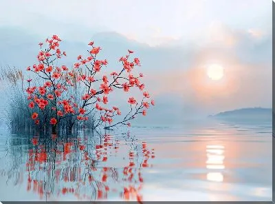 Красные цветки на фоне озера и заката