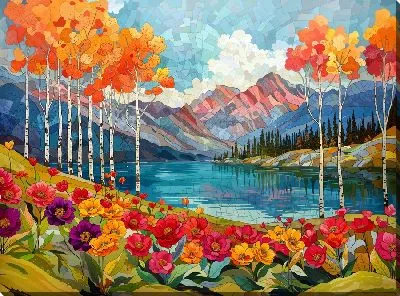 Картина маслом Красивый пейзаж с озером и горами
