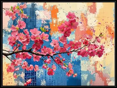 Картина Цветущая ветка на арт фоне со зданием