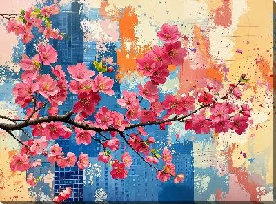 Картина маслом Цветущая ветка на арт фоне со зданием