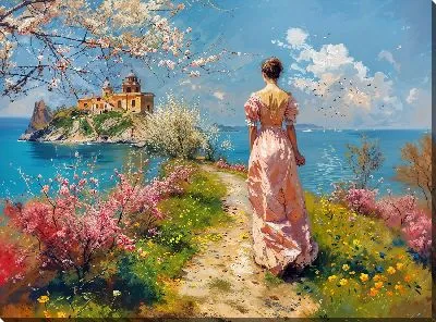 Картина маслом Летняя прогулка девушки в платье