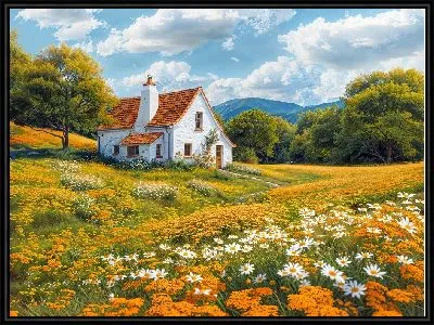 Белый домик и полевые цветы с ромашками