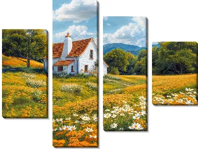 Белый домик и полевые цветы с ромашками