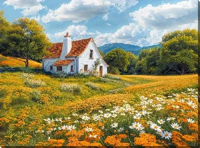 Белый домик и полевые цветы с ромашками