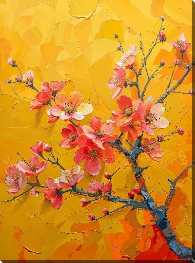 Картина маслом Сакура на желто-оранжевом фоне