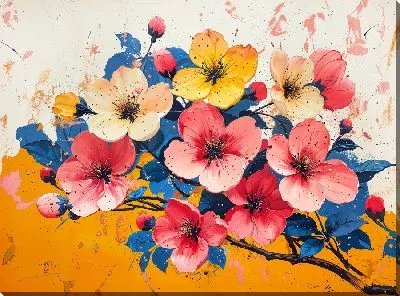 Картина маслом Яркие цветы на бело-желтом фоне