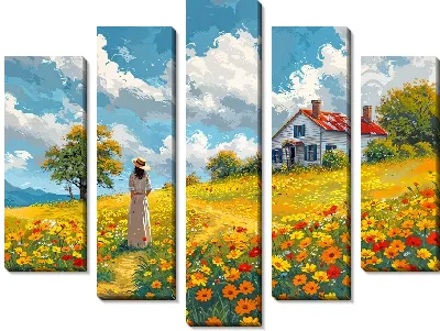 Модульная картина Девушка в платье в поле цветов