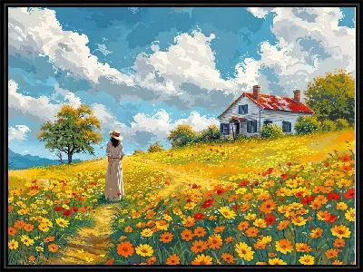 Картина Девушка в платье в поле цветов