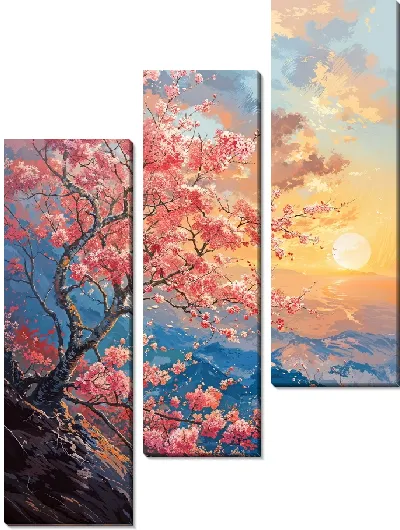 Модульная картина Цветущая сакура в горах на фоне заката