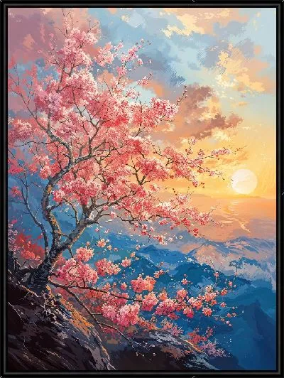 Картина Цветущая сакура в горах на фоне заката