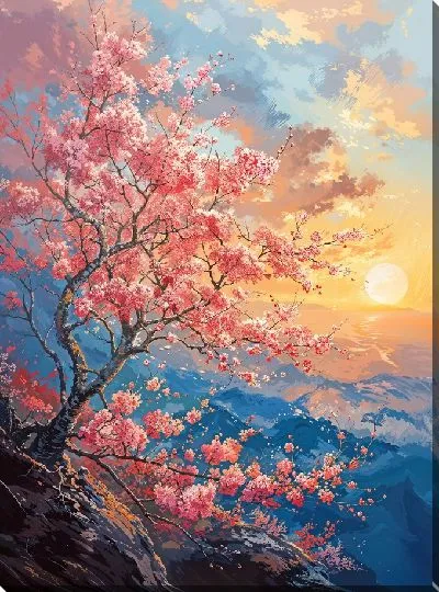 Постер Цветущая сакура в горах на фоне заката