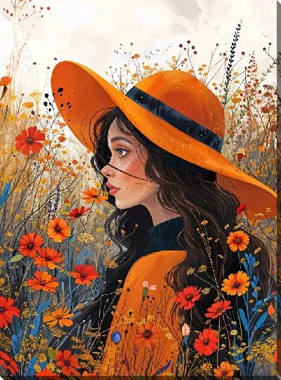 Картина маслом Девушка в оранжевой шляпке с цветами