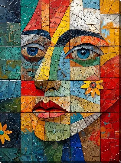 Картина маслом Стильное арт лицо с двумя цветками