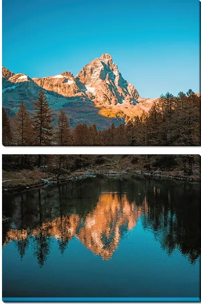 Модульная картина Водная гладь горы с лесом