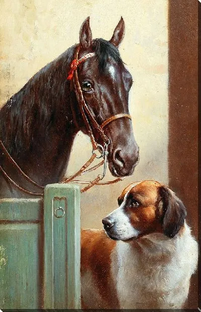 Картина Друзья, Гнедой и Сенбернар в конюшне