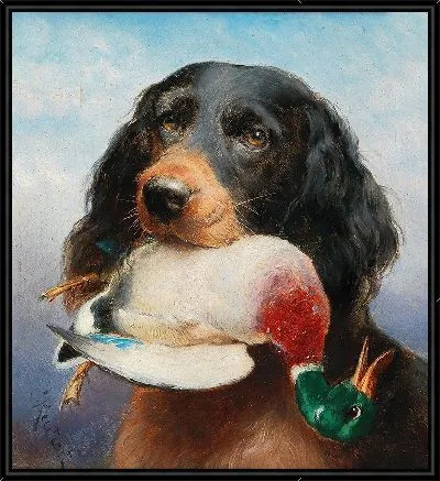 Сеттер-Гордон с уткой-кряквами