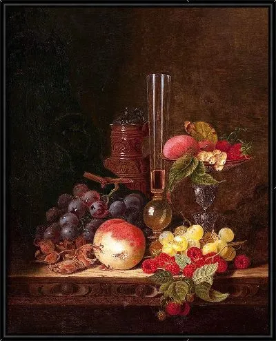 Картина Натюрморт с керамическим кувшином, бокалом для вина и таццей с фруктами