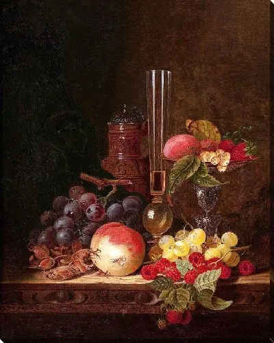 Картина Натюрморт с керамическим кувшином, бокалом для вина и таццей с фруктами