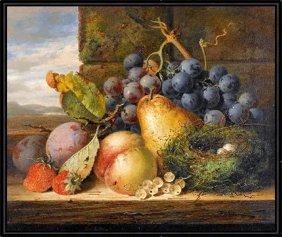 Натюрморт с птичьим гнездом, грушей, персиком, виноградом, клубникой и сливами
