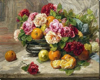 Натюрморт с розами и фруктами