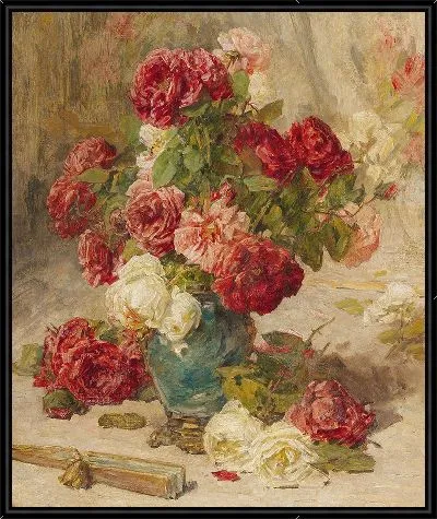 Натюрморт с розами в вазе и веером