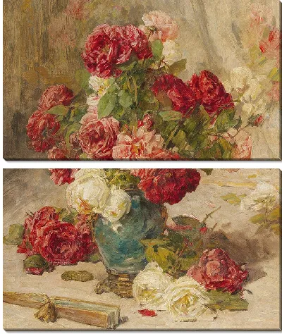 Натюрморт с розами в вазе и веером