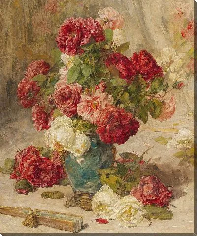 Натюрморт с розами в вазе и веером
