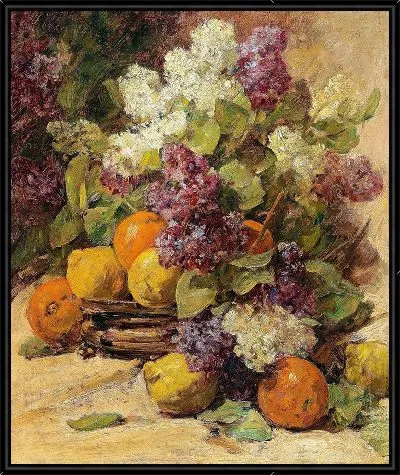 Картина Натюрморт с букетом сирени и лимонов.