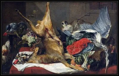 Натюрморт с битой дичью, обезьяной, попугаем и собакой