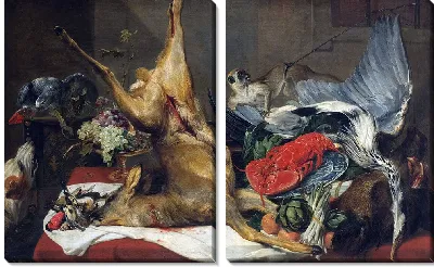 Натюрморт с битой дичью, обезьяной, попугаем и собакой