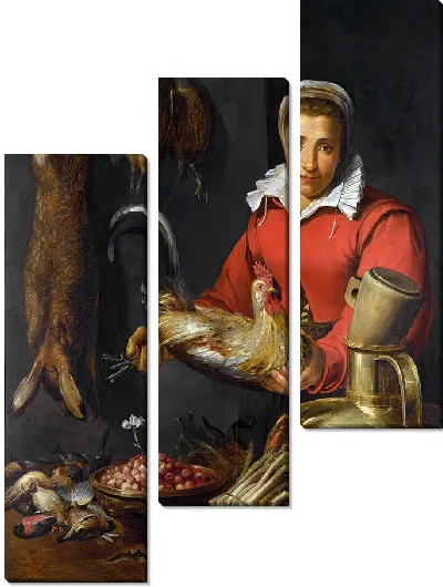 Картина Торговка держит петуха, дичь, спаржу, артишоки, посуду и миску с земляникой