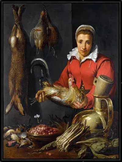 Картина Торговка держит петуха, дичь, спаржу, артишоки, посуду и миску с земляникой