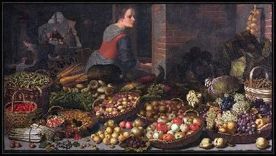 Натюрморт с фруктами и овощами, на заднем плане — Христос в Эммаузе (ок. 1630 г.)