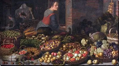 Натюрморт с фруктами и овощами, на заднем плане — Христос в Эммаузе (ок. 1630 г.)