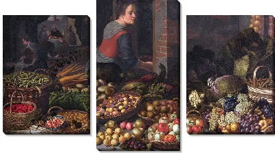 Натюрморт с фруктами и овощами, на заднем плане — Христос в Эммаузе (ок. 1630 г.)