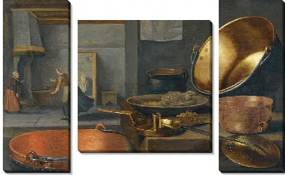 Картина Кухонный натюрморт с кастрюлями и сковородками на каменном выступе и анимированными фигурками на заднем плане