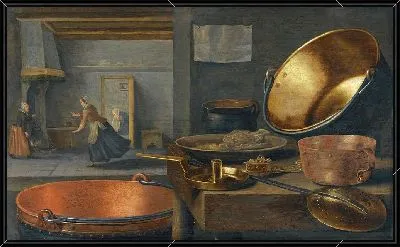 Кухонный натюрморт с кастрюлями и сковородками на каменном выступе и анимированными фигурками на заднем плане