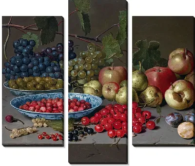 Картина Блюда с вишней и земляникой, виноградом, яблоками, грушами, сливами и другими фруктами на каменном выступе