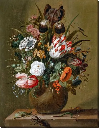 Картина Розы, тюльпаны, ирис и другие цветы в керамической вазе на выступе с ящерицей, жуком-оленем и улиткой (1644 г.)