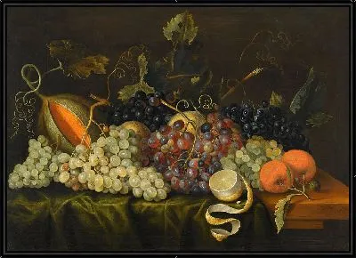 Натюрморт с красным, черным и зеленым виноградом на лозе, а также апельсинами.