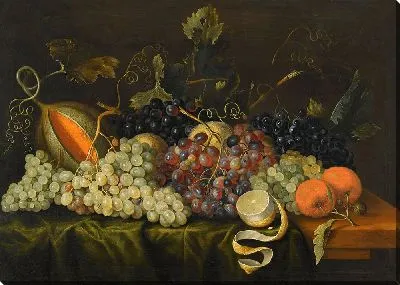 Натюрморт с красным, черным и зеленым виноградом на лозе, а также апельсинами.