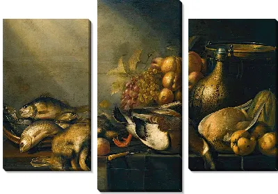 Картина Натюрморт с убитыми зайцем и уткой, рыбой, овощами и глиняной кувшиной на столе с драпировкой.