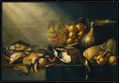 Натюрморт с убитыми зайцем и уткой, рыбой, овощами и глиняной кувшиной на столе с драпировкой.