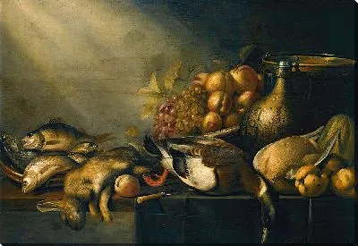 Натюрморт с убитыми зайцем и уткой, рыбой, овощами и глиняной кувшиной на столе с драпировкой.