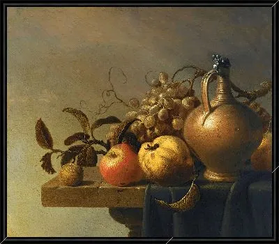 Натюрморт с кувшином и фруктами на частично задрапированном каменном выступе