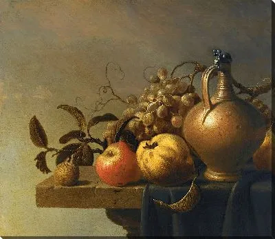 Натюрморт с кувшином и фруктами на частично задрапированном каменном выступе