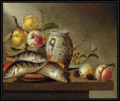 Натюрморт с глиняным кувшином, рыбой и фруктами (1652)